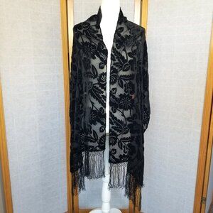 Black Burnout Velvet Sheer Large Scarf Wrap Floral Fringe